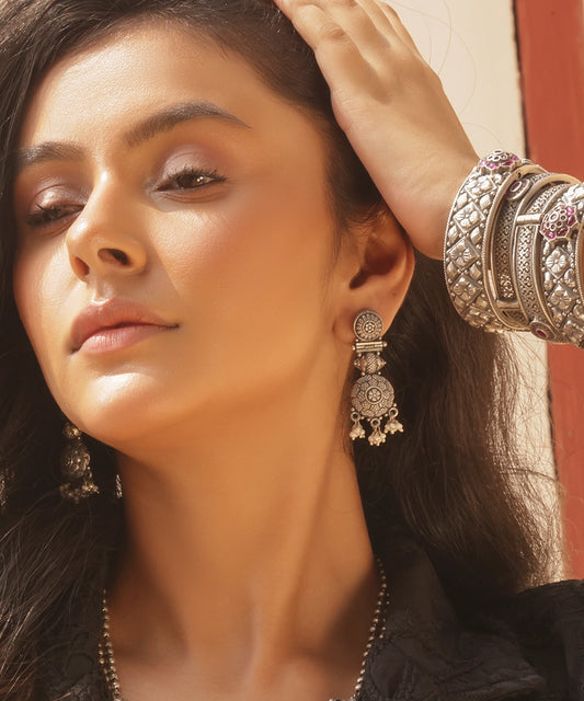 Silver Bohemian Statement Earrings with Pearl Fringe