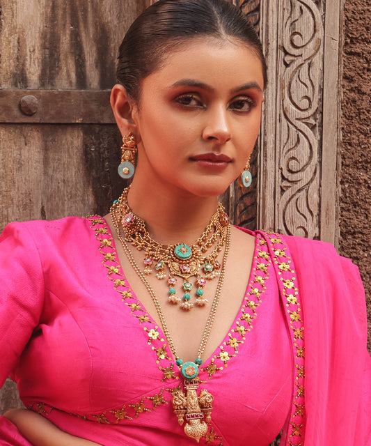 Silver Antique Gold Finish Turquoise Danglers