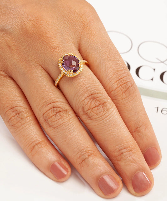 Silver Gold Plated Amethyst Halo Cocktail Ring