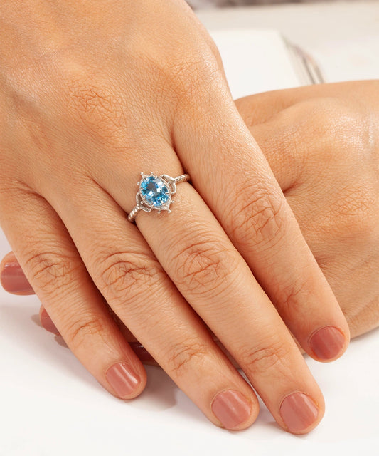 Silver Marquise Blue Topaz Ornate Ring