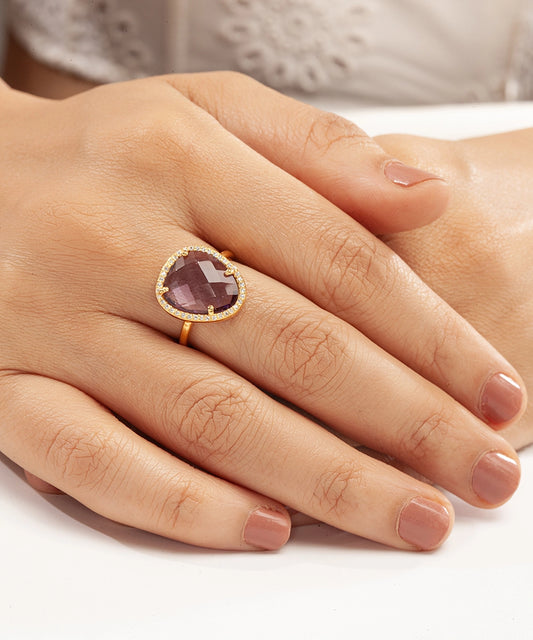 Silver Gold Plated Teardrop Amethyst and CZ Halo Ring