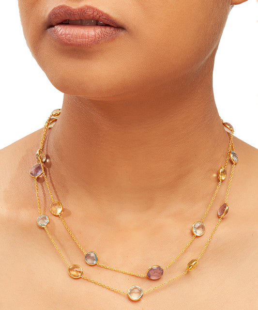 Silver Multicolor Gemstone Station Necklace