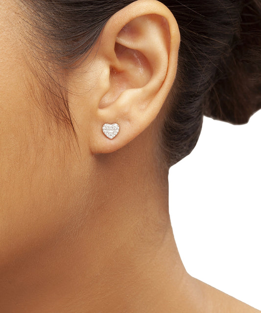Silver Sparkling Pave Heart Stud Earrings