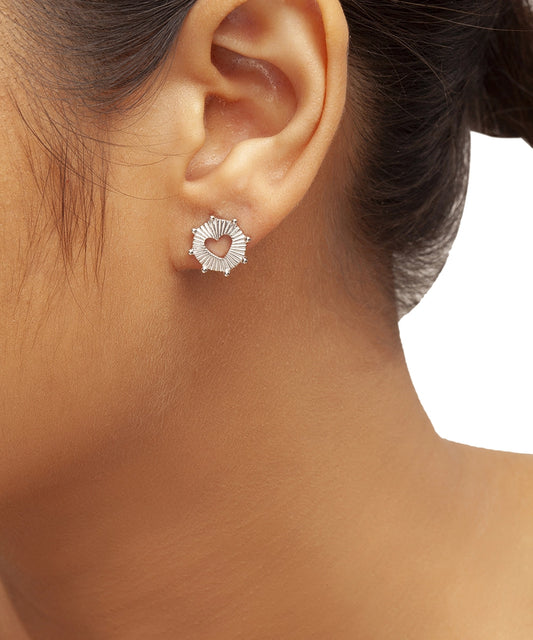 Silver Grooved Halo Heart Statement Studs