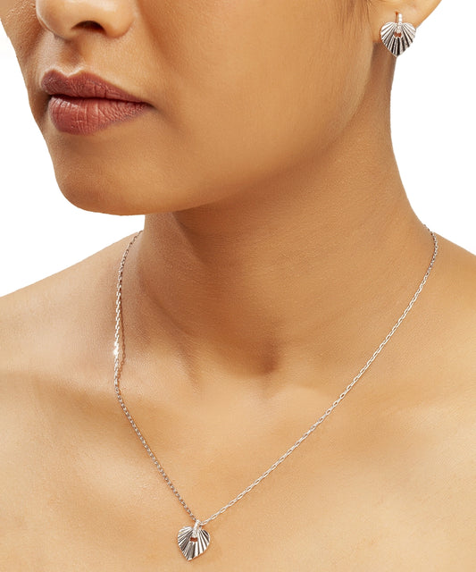 Silver Pave Accent Grooved Heart Necklace