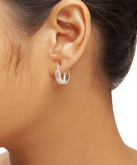 Silver Woven Grid Mini Hoops