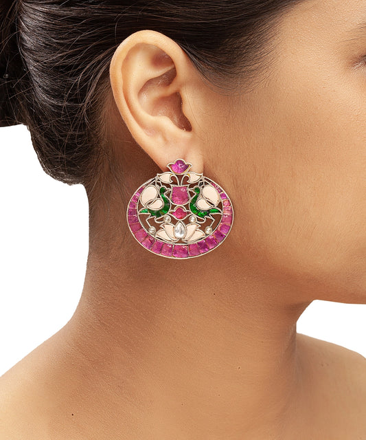 Silver Peacock and Floral kundan Earrings
