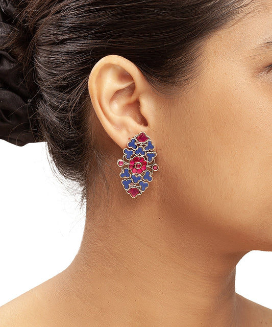 Silver Bohemian Blue & Magenta Floral Kundan Earrings