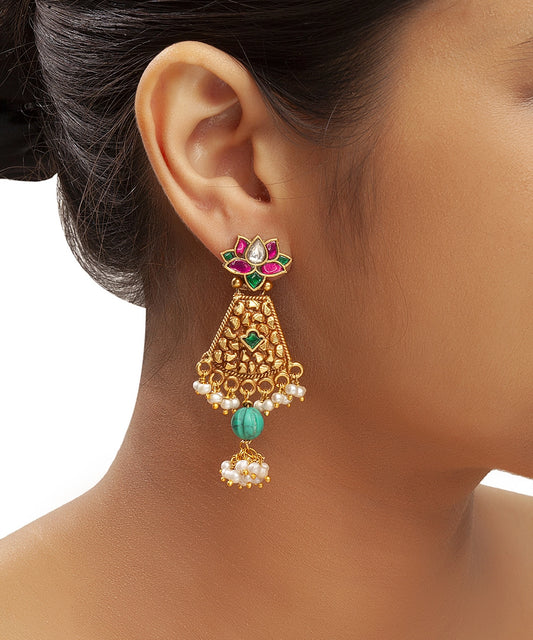 Silver Pink/Turquoise Rajwadi Style Lotus Earrings