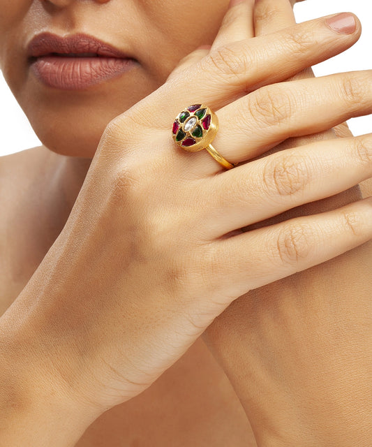 Silver Traditional Floral Ring In Kundan