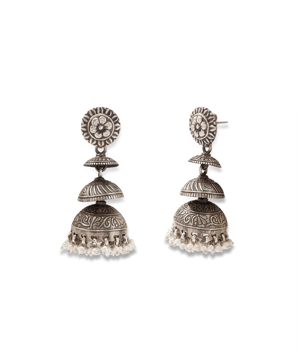 Silver Oxidized Tiered Jhumka Earrings