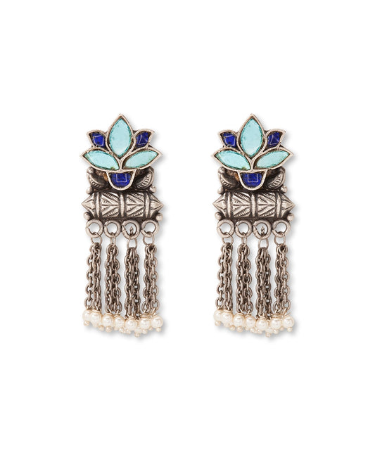 Silver Antique Blue Lotus Chain Earrings