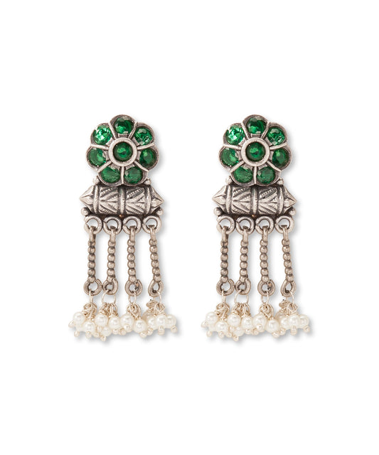 Silver Antique Green Floral Chain Earrings