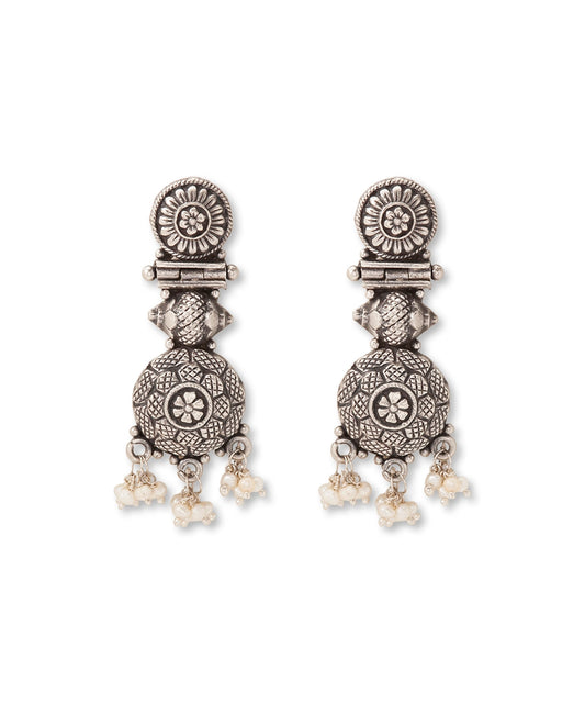 Silver Bohemian Statement Earrings with Pearl Fringe