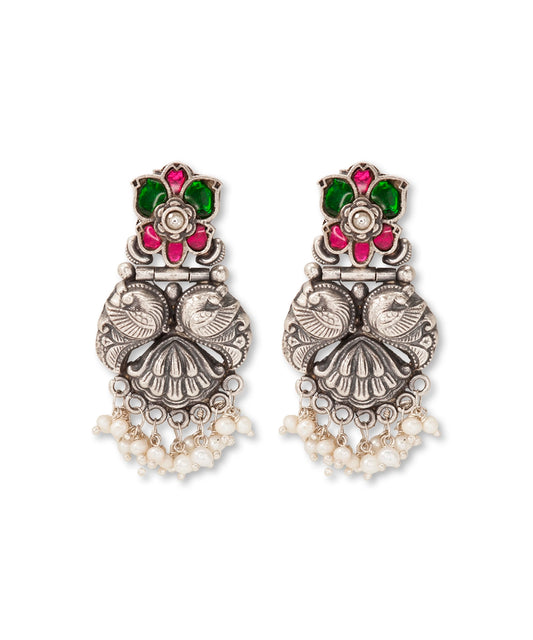 Silver Earrings with Pink/Green Kundan And Mayur Motif