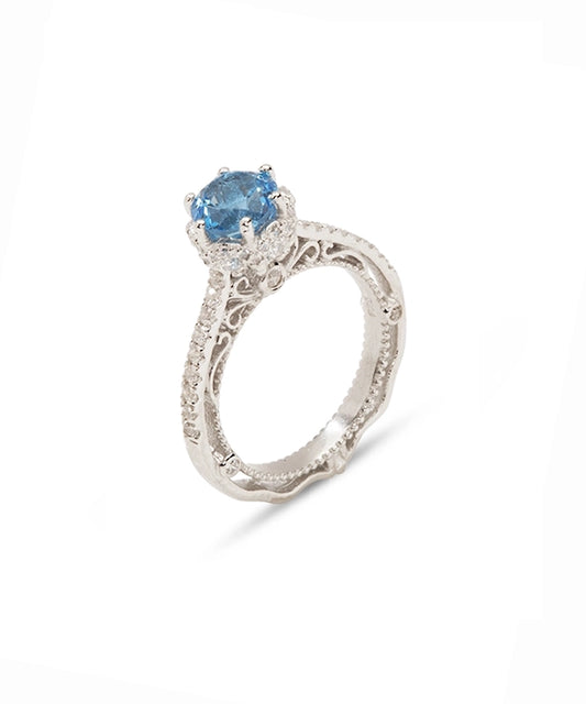 Silver Ornate Blue Topaz Solitaire Ring