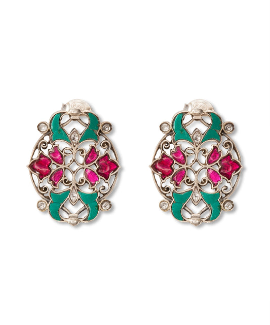 Silver Magenta & Green Kundan Floral Jali Earrings