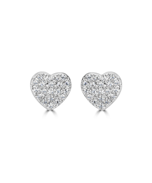 Silver Sparkling Pave Heart Stud Earrings