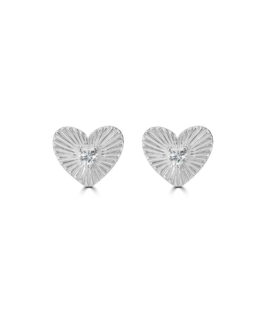 Silver Textured Sunburst Heart Stud Earrings