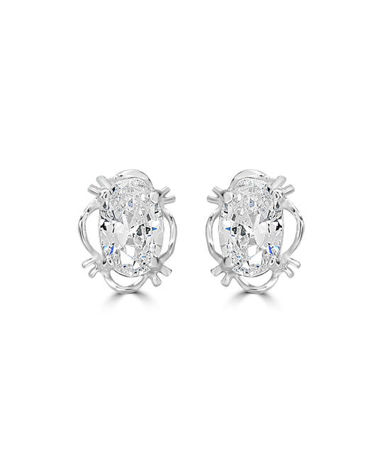Silver Oval Solitaire Basket Stud Earrings