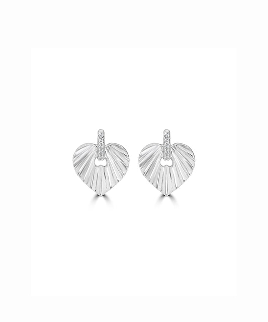 Silver Pave Accent Grooved Heart Studs