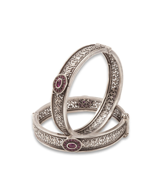 Silver Oxidized Kada Bangles with Pink Stone