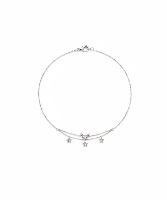Silver Layered Stars and Crescent Moon Charm Bracelet