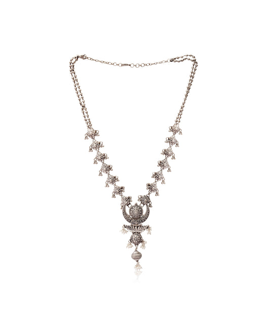 Silver Crescent Moon And Temple Design Necklace