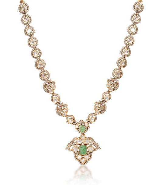 Silver Victorian Moissanite and Emerald Green Necklace