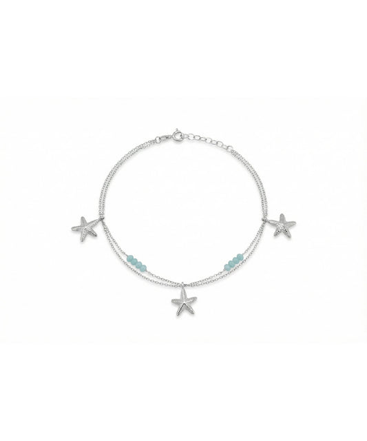 Silver Triple Star and Aqua Bead Layered Anklet