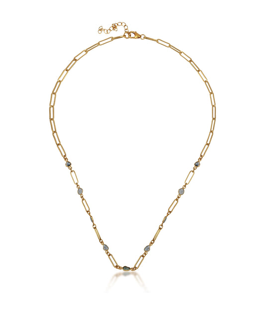 Silver Polki Diamond Station Paperclip Chain Necklace