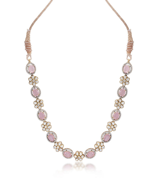 Silver Vivid Pink Doublet and Moissanite Floral Necklace