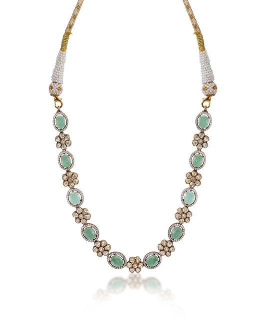 Silver Vivid Green Doublet and Moissanite Floral Necklace