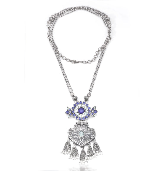 Silver Blue Kundan Long Chain Tribal Necklace