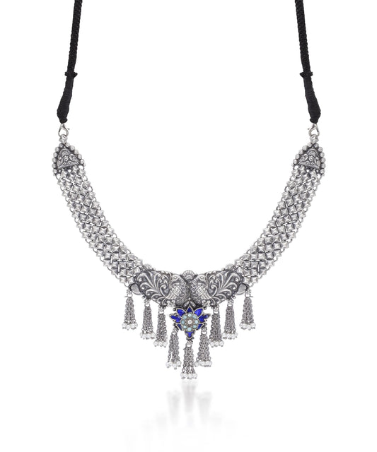 Silver Dancing Peacock And Fringe Necklace