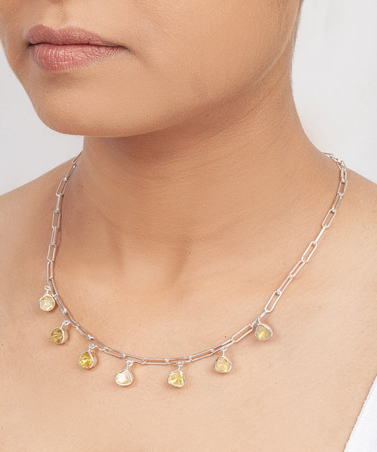Silver Paperclip Necklace with Yellow Polki Drops