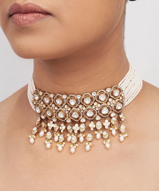 Silver Multi-Strand Maharani Pearl and Moissanite Choker