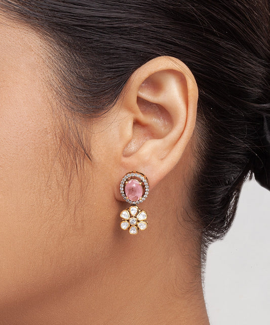 Silver Vivid Pink Doublet and Moissanite Flower Earrings