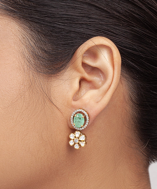 Silver Vivid Green Doublet and Moissanite Flower Earrings