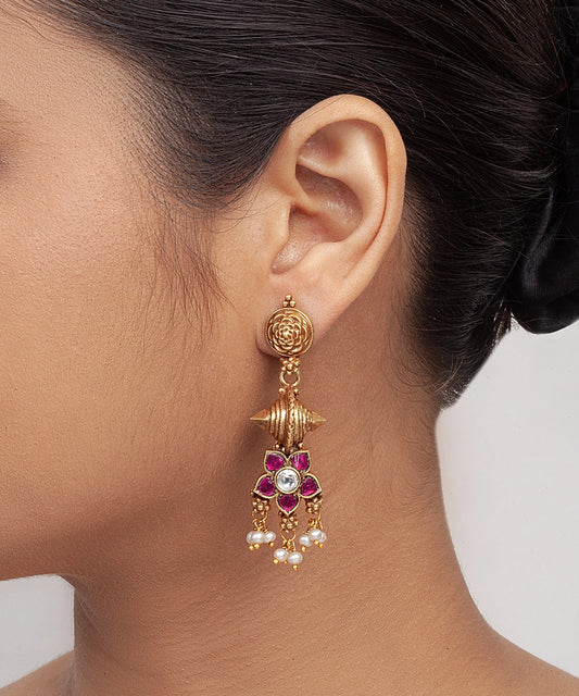 Silver Matte Gold Finish Danglers with Temple Drop