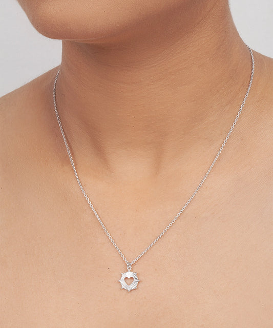 Silver Textured Sunburst Heart Necklace