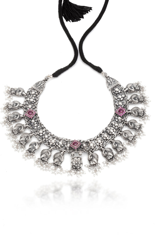 The Heritage Elephant: Oxidized Silver Tribal Hasli Necklace