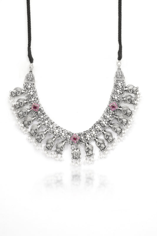 The Heritage Elephant: Oxidized Silver Tribal Hasli Necklace