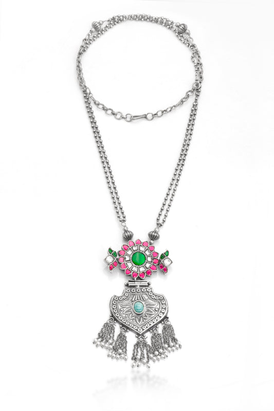 The Royal Jharokha: Floral Enamel & Oxidized Silver Statement Necklace