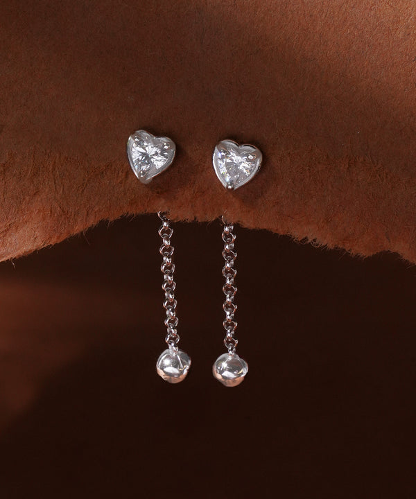 Heart Stud Drop Earrings with Chain and Ball Dangle