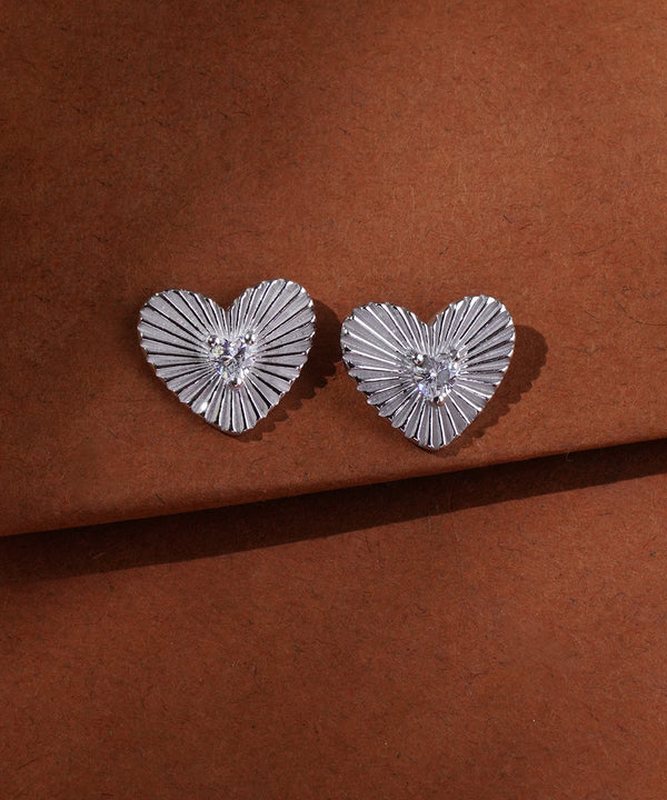 Textured Sunburst Heart Stud Earrings with CZ Accent