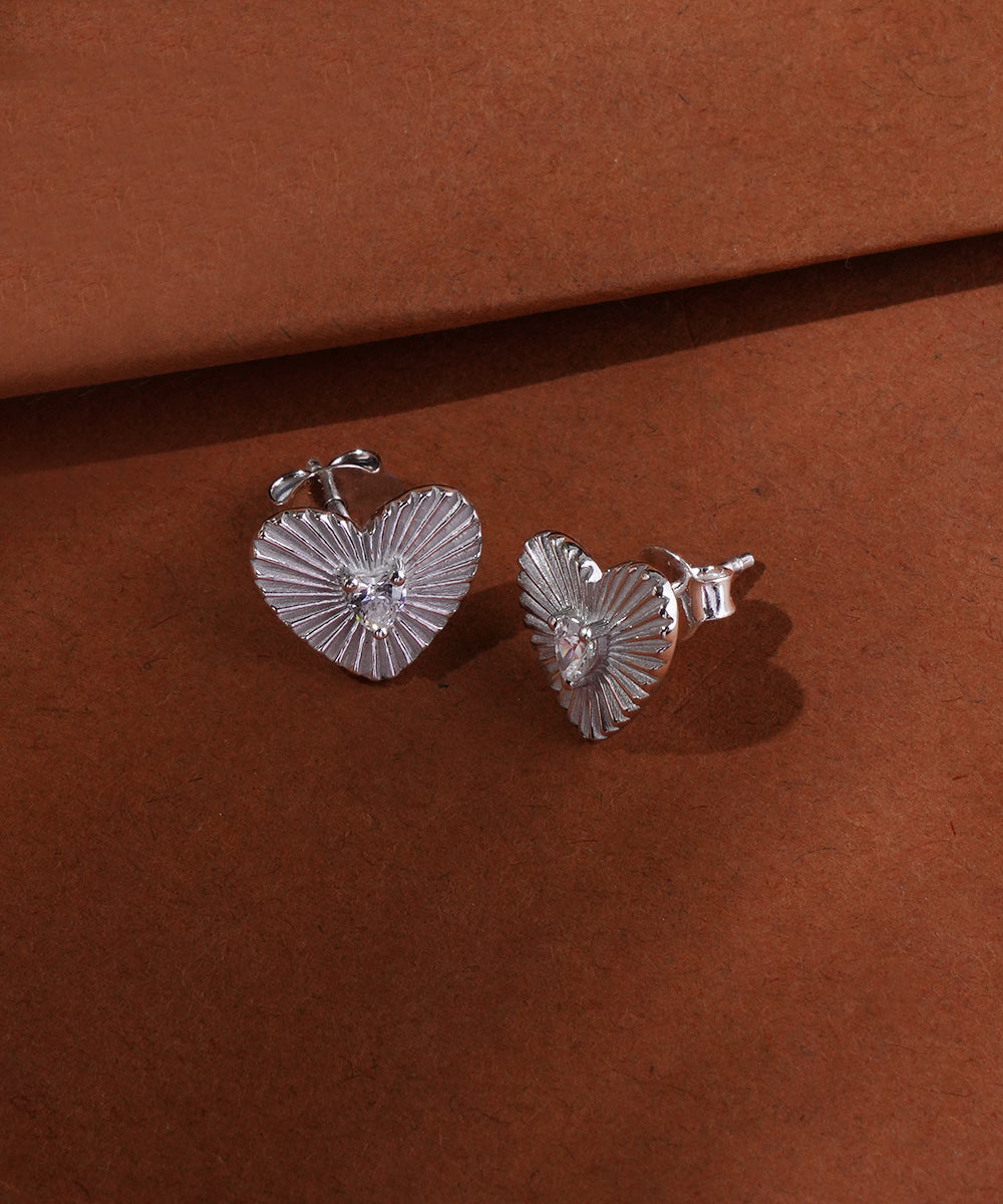 Textured Sunburst Heart Stud Earrings with CZ Accent