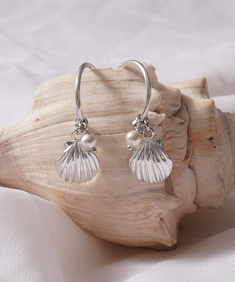 Seashell and Pearl Dangle Hoop Earrings