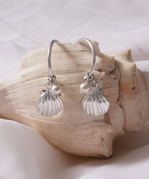 Seashell and Pearl Dangle Hoop Earrings