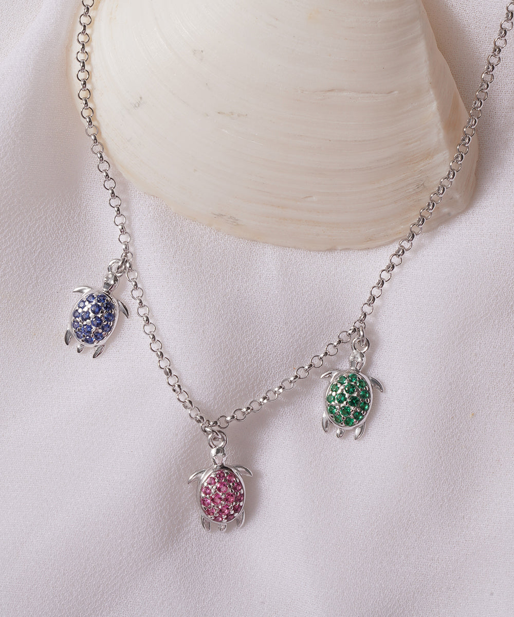 Multi-Color Pave Turtle Necklace